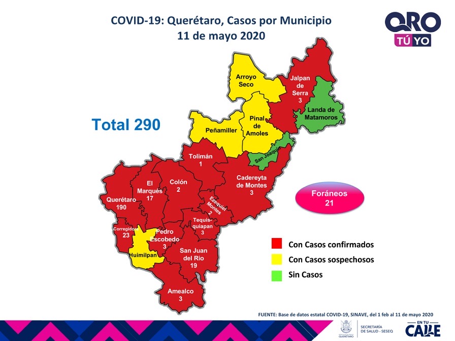 Querétaro con 290 casos de enfermedad COVID-19