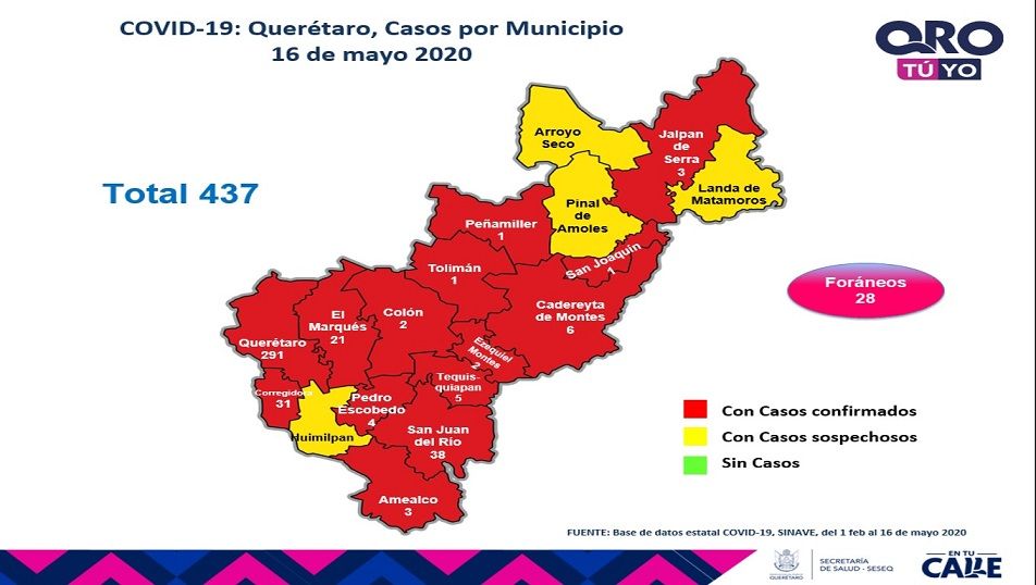 Querétaro con 437 casos de enfermedad COVID-19