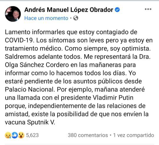 El presidente de México López Obrador da positivo a Covid19.