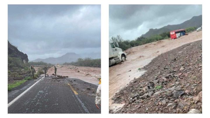 En Baja California, un autobús con pasajeros es arrastrado por arroyo