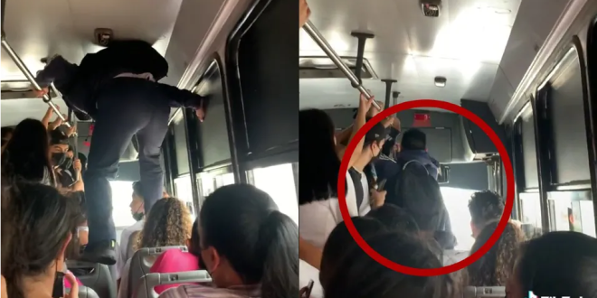 ¡Bajan! Hombre camina sobre asientos para poder bajar del camión que iba lleno (VIDEO)