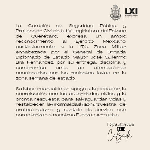 Diputada Tere Calzada reconoce entrega, disciplina y compromiso del Ejército Mexicano